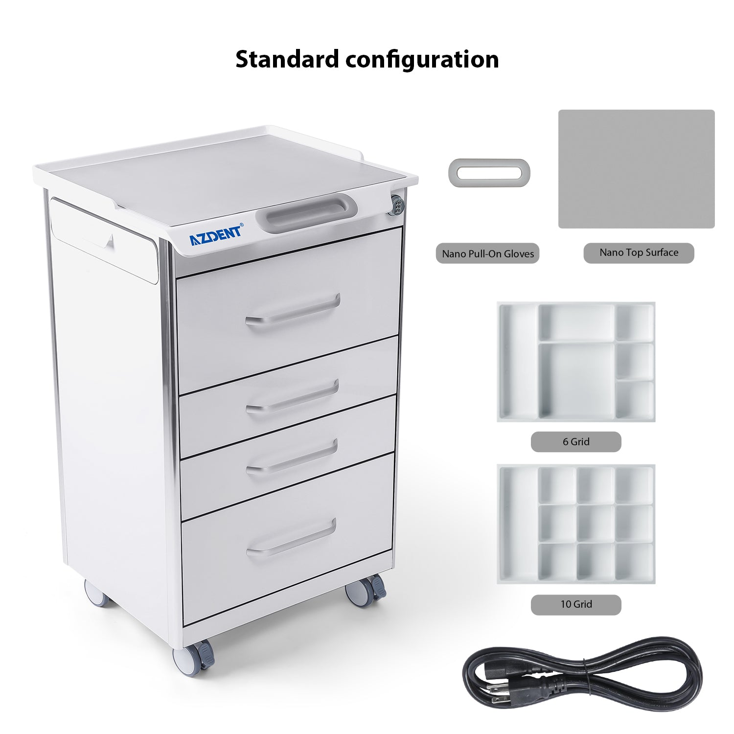 AZDENT Dental Mobile Cabinet Cart 4 Drawers with Hidden Side Auxiliary Drawer Combination Lock Silent Casters and Power Socket  - azdentall.com