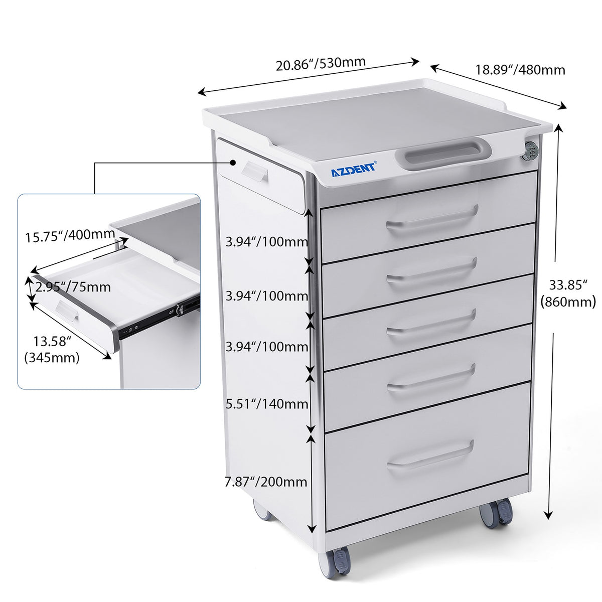 AZDENT Dental Mobile Cabinet Cart 5 Drawers with Hidden Side Auxiliary Drawer Secure Lock Power Socket - azdentall.com