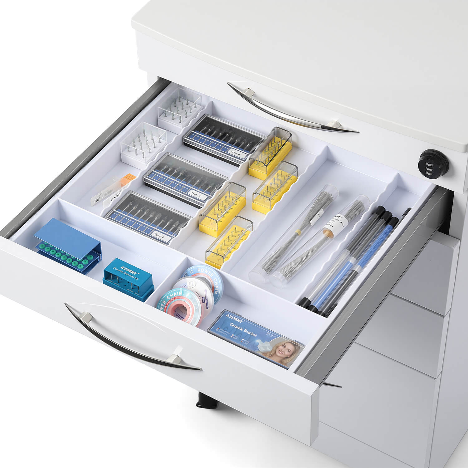 Dental C05A Quartz and Stainless Steel Four Drawer Mobile Cabinet & Two Instrument Tray - azdentall.com