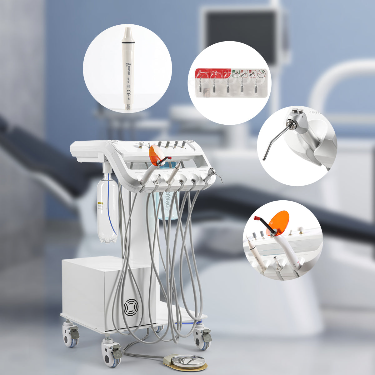 Portable Dental Mobile Cart Delivery Unit 4 Holes with Air Compressor Built-in ultrasonic scaler & Curing light - azdentall.com