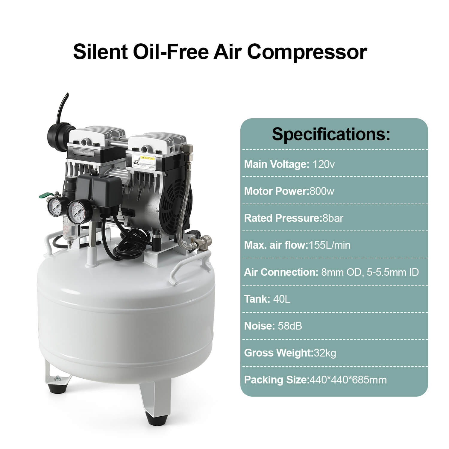Dental Silent Oil Free Air Compressor 40L 800W Dual-Pressure Display for 2PCS Dental Chair - azdentall.com