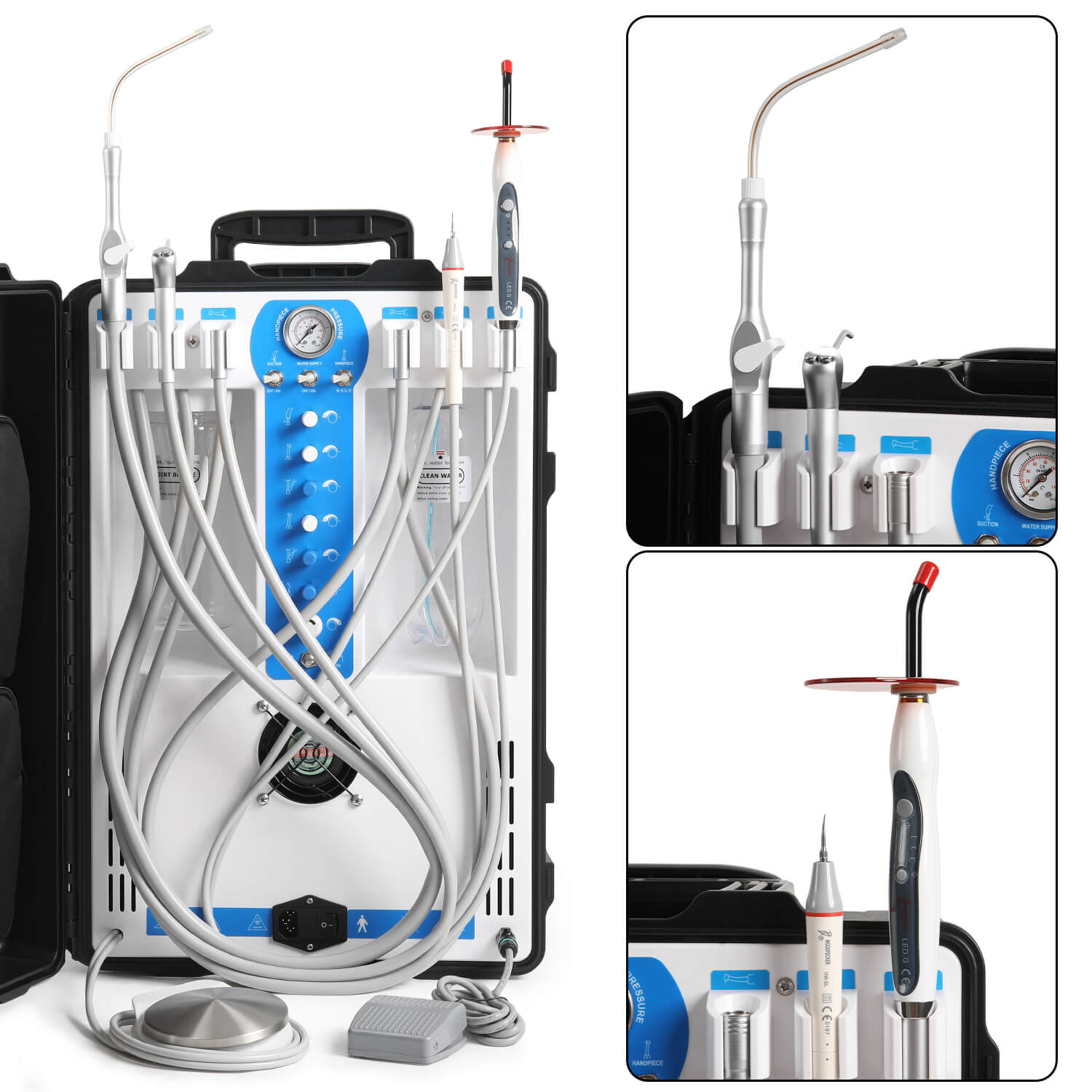 Portable Dental Delivery Unit P206S High Suction 4 Hole w/ Woodpecker Curing Light and Scaler & Air Compressor - azdentall.com