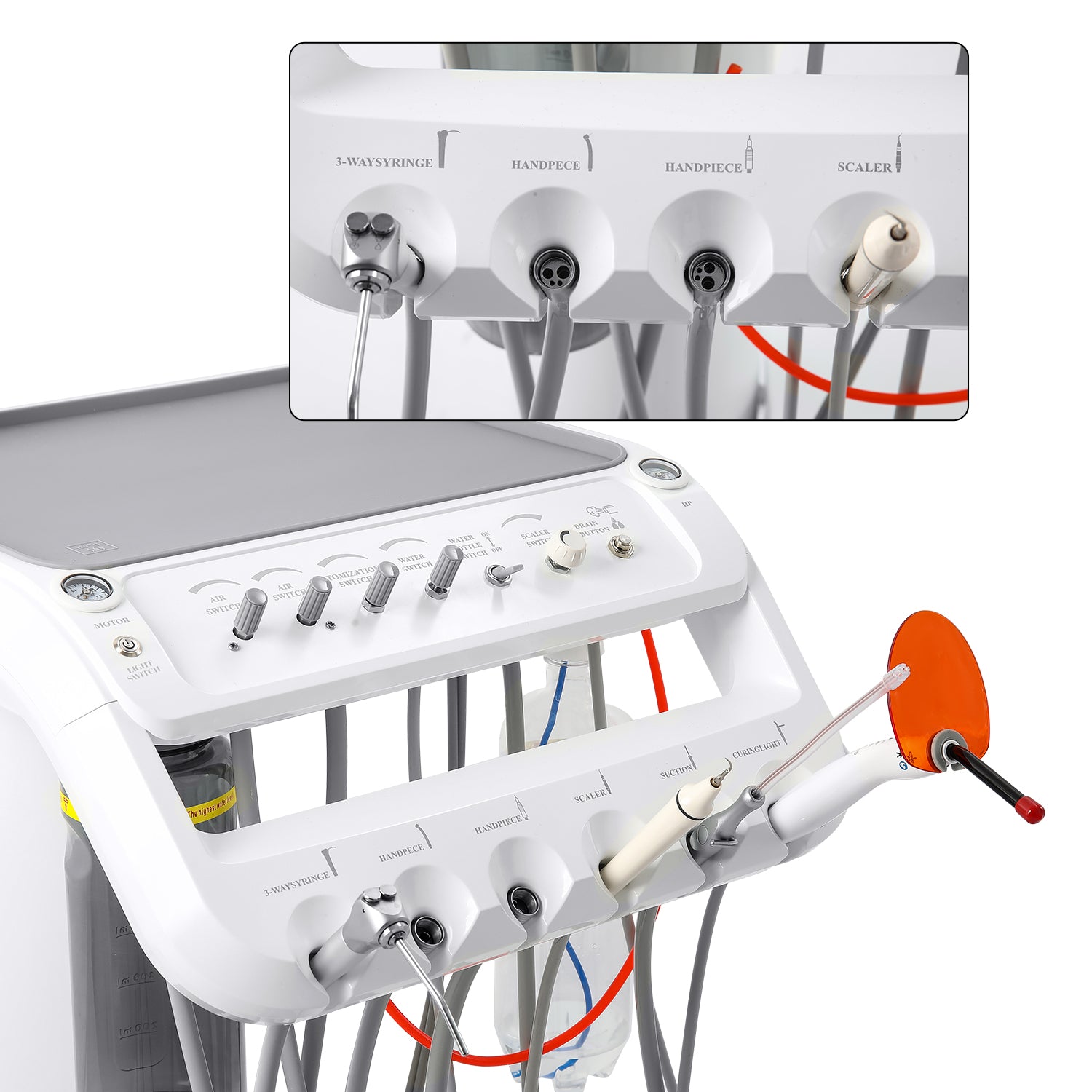 Portable Dental Mobile Cart Delivery Unit 4 Holes with 6 LED Light Lamp & Air Compressor & Woodpecker Scaler and Curing Light - azdentall.com