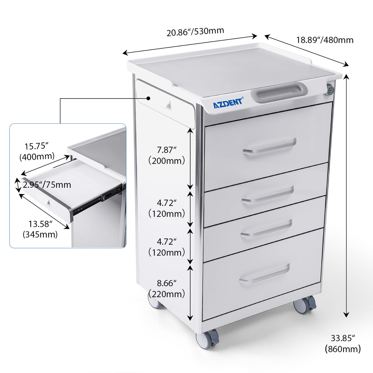 AZDENT Dental Mobile Cabinet Cart 4 Drawers with Hidden Side Auxiliary Drawer Combination Lock Silent Casters and Power Socket  - azdentall.com