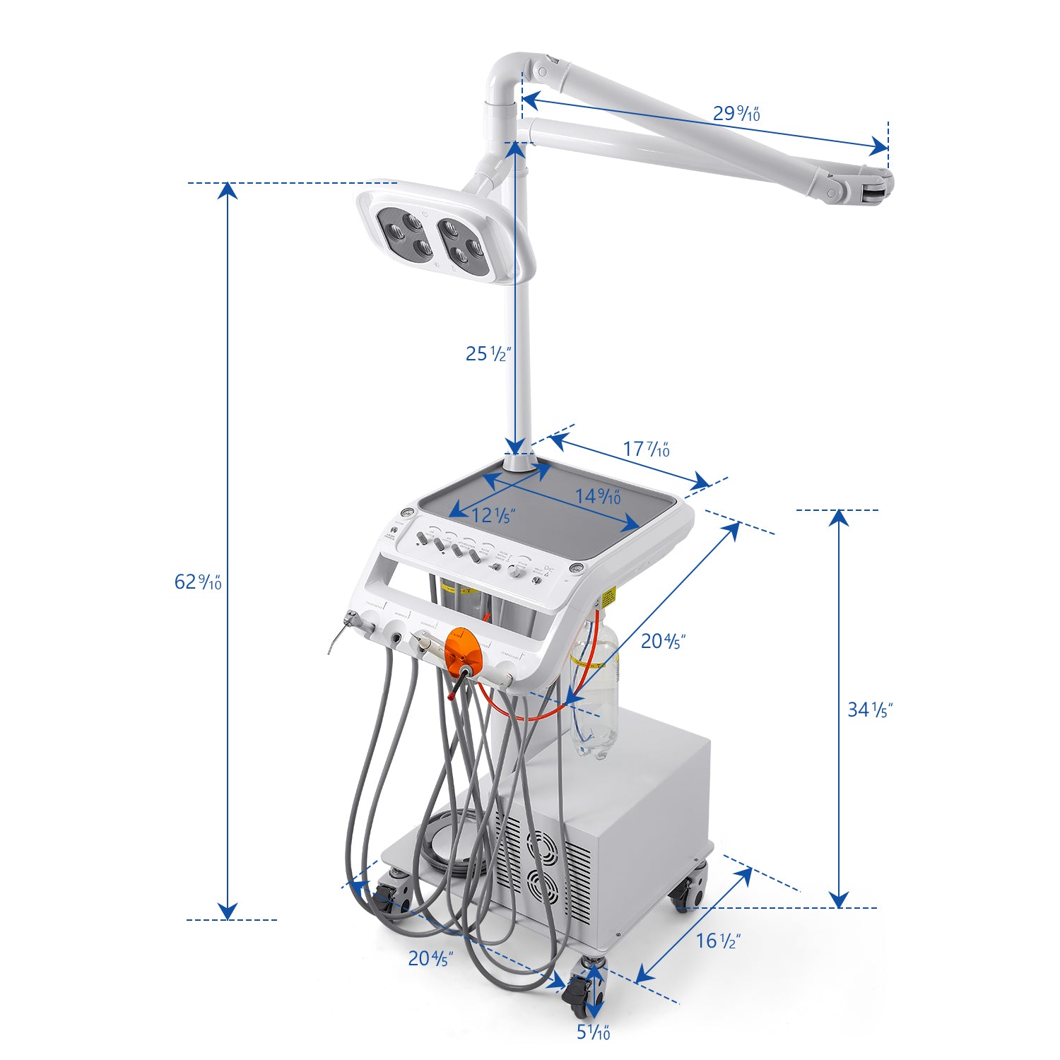 Portable Dental Mobile Cart Delivery Unit 4 Holes with 6 LED Light Lamp & Air Compressor & Woodpecker Scaler and Curing Light - azdentall.com