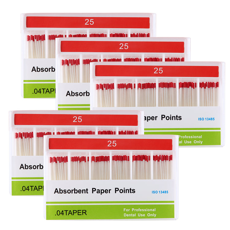 5 Boxes Absorbent Paper Points #25 Taper Size 0.04 Color Coded 100/Box - azdentall.com