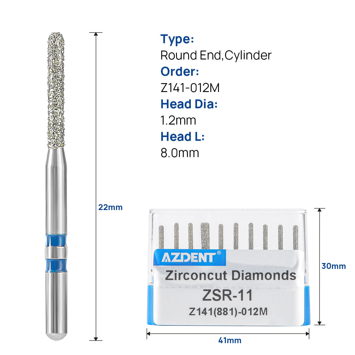 AZDENT Dental Diamond Burs FG Cutting Zirconia Ceramic Round End Cylinder for High Speed Handpiece Z141-012M 10pcs/Box - azdentall.com