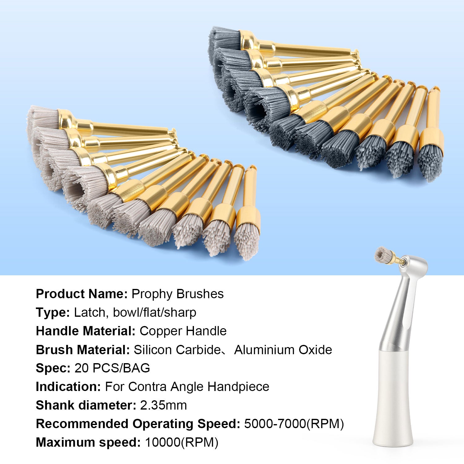 AZDENT Dental Prophy Brushes RA Latch Type Copper Handle Silicon Carbide/Aluminium Oxide 20pcs/Bag - azdentall.com