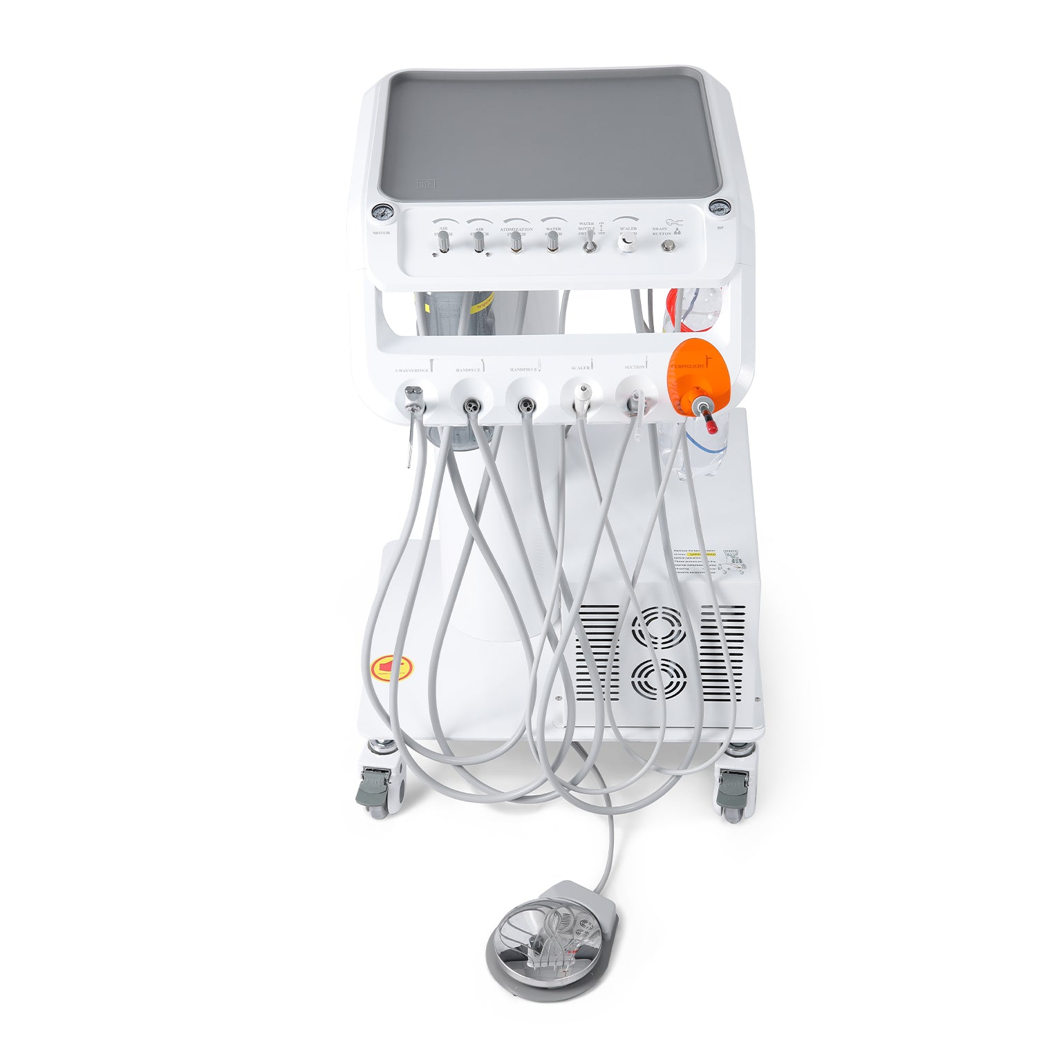 Portable Dental Mobile Cart Delivery Unit 4 Holes with Air Compressor Built-in Woodpecker Ultrasonic Scaler & Curing Light - azdentall.com