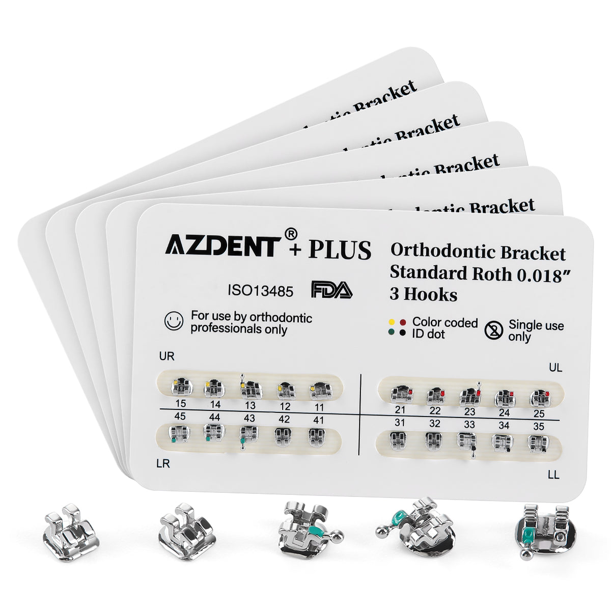 AZDENT PLUS Dental Metal Brackets Braces Standard Roth/MBT .022/.018 Hooks 3/3-4-5 20pcs/Pack - azdentall.com