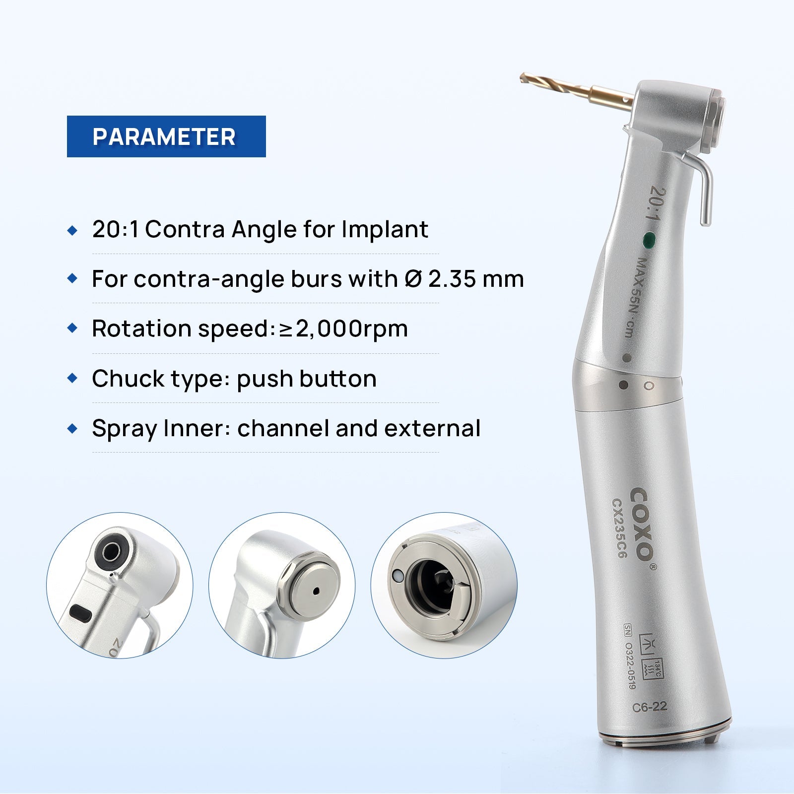 COXO Dental Low Speed Handpiece 20:1 Contra Angle Inner & External Channel For Implant With Fiber Optic CX235C6-22 - azdentall.com