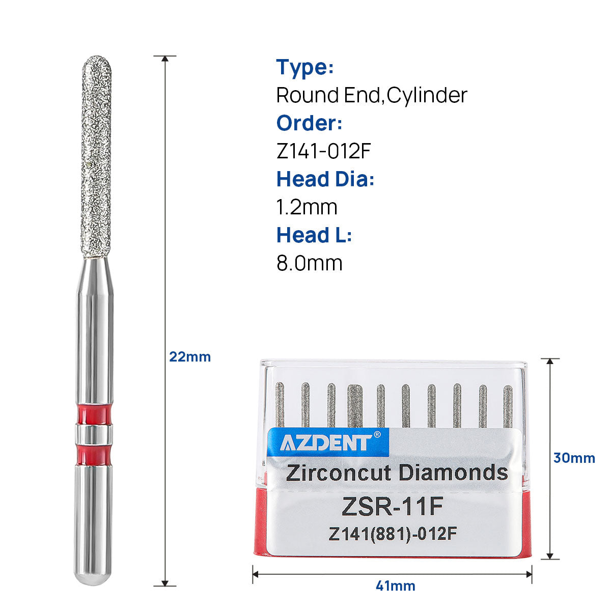 AZDENT Dental Diamond Burs FG Cutting Zirconia Ceramic Round End Cylinder for High Speed Handpiece Z141-012F 10pcs/Box - azdentall.com