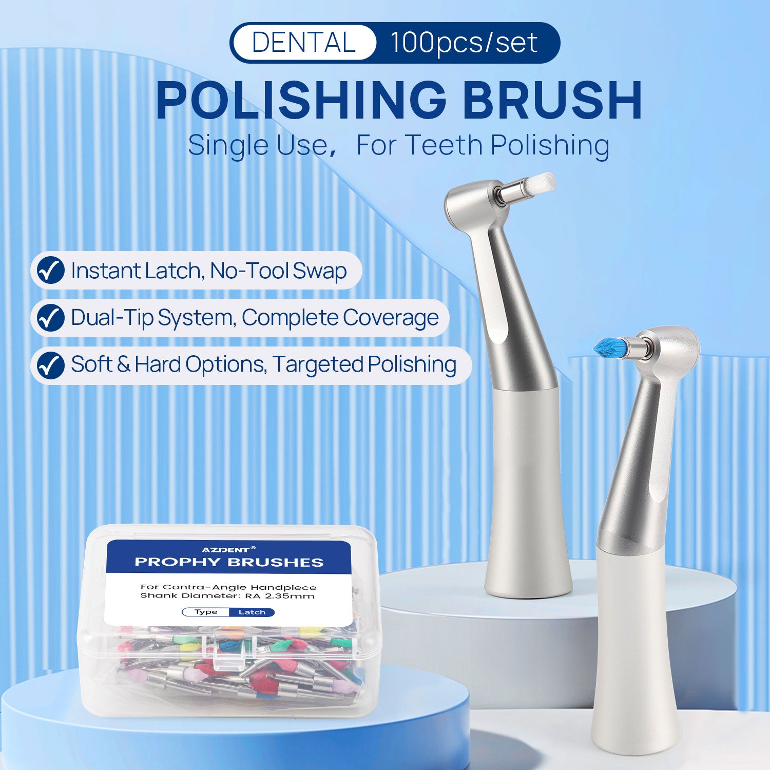 AZDENT Dental Nylon Prophy Brushes RA Latch Type Copper Handle Flat/Tapered Hard/Soft 100pcs/Box - azdentall.com