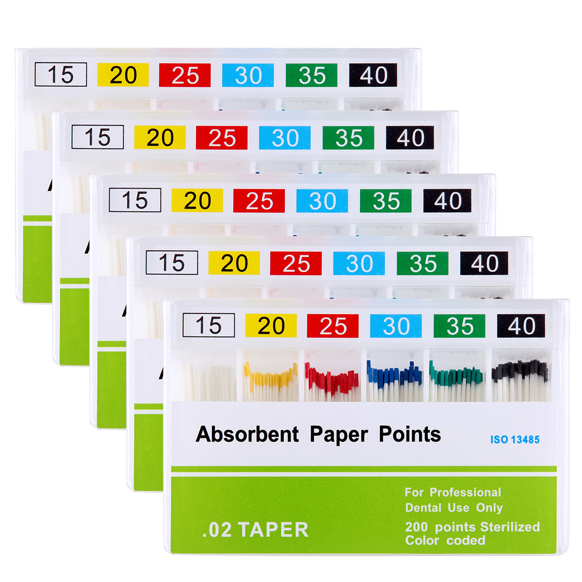 5 Boxes Absorbent Paper Points #15-40 Taper Size 0.02 Color Coded 200/Box - azdentall.com