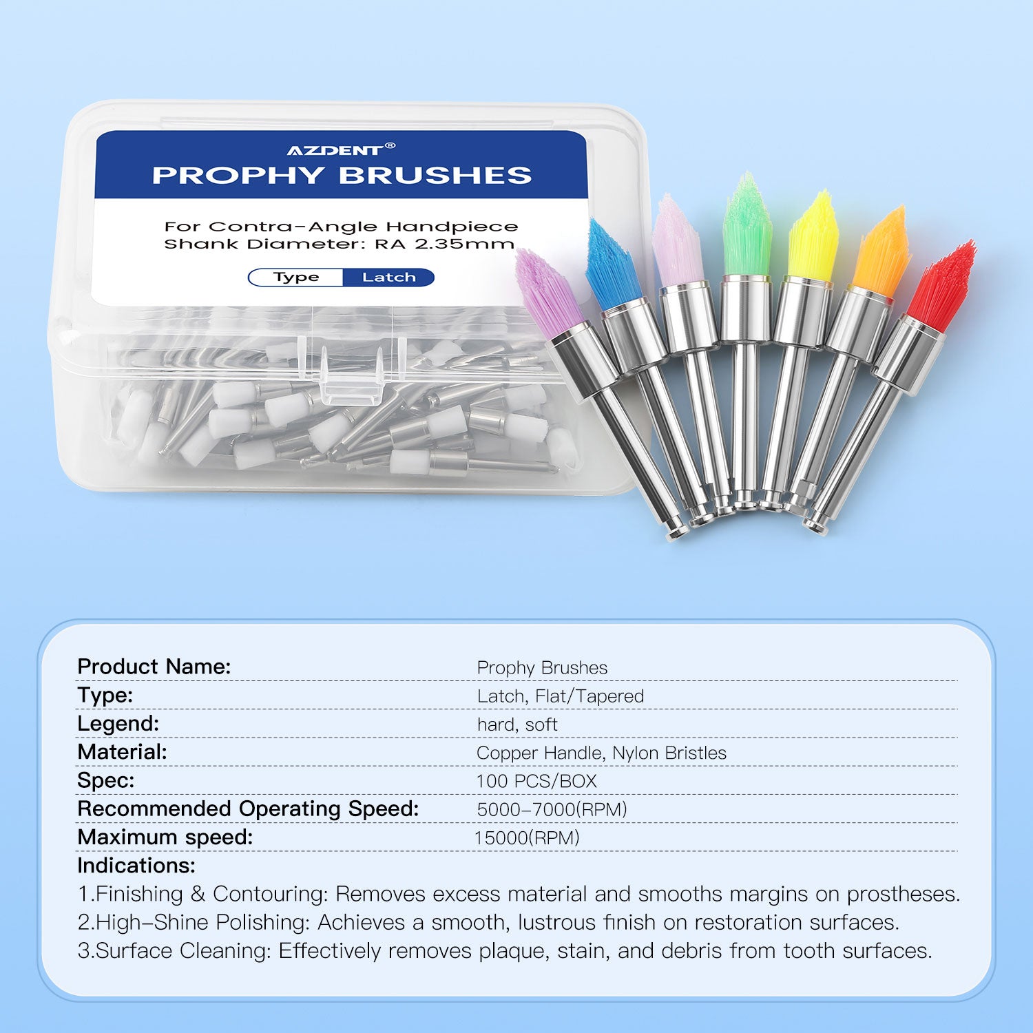 AZDENT Dental Nylon Prophy Brushes RA Latch Type Copper Handle Flat/Tapered Hard/Soft 100pcs/Box - azdentall.com