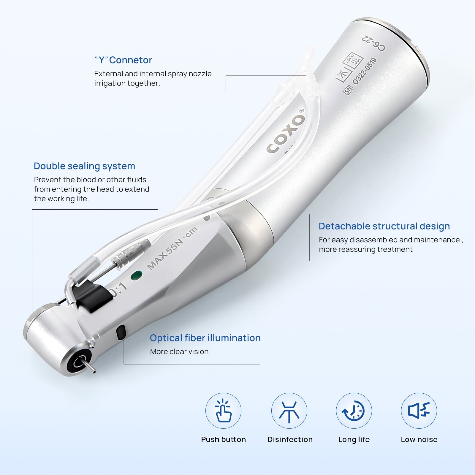 COXO Dental Low Speed Handpiece 20:1 Contra Angle Inner & External Channel For Implant With Fiber Optic CX235C6-22 - azdentall.com