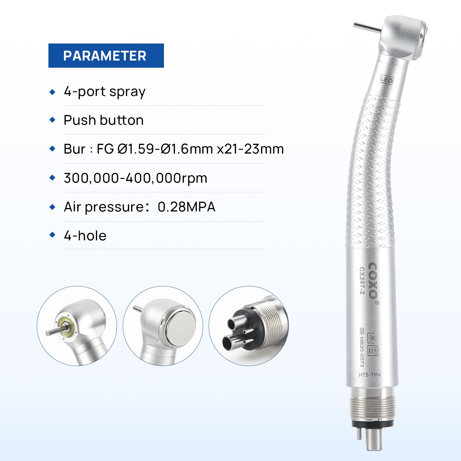 COXO LED High Speed Air Turbine Handpiece with Generator Torque Head Shadowless Series 4 Holes Coupler CX207-2 H75-TP4 - azdentall.com