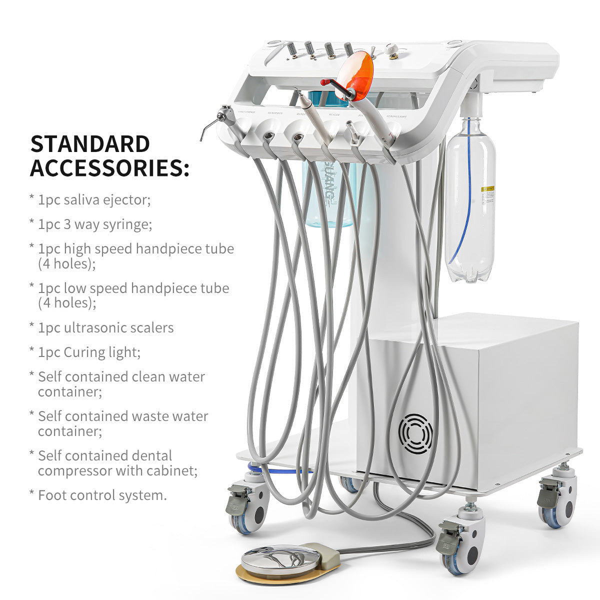 Portable Dental Mobile Cart Delivery Unit 4 Holes with Air Compressor Built-in ultrasonic scaler & Curing light - azdentall.com