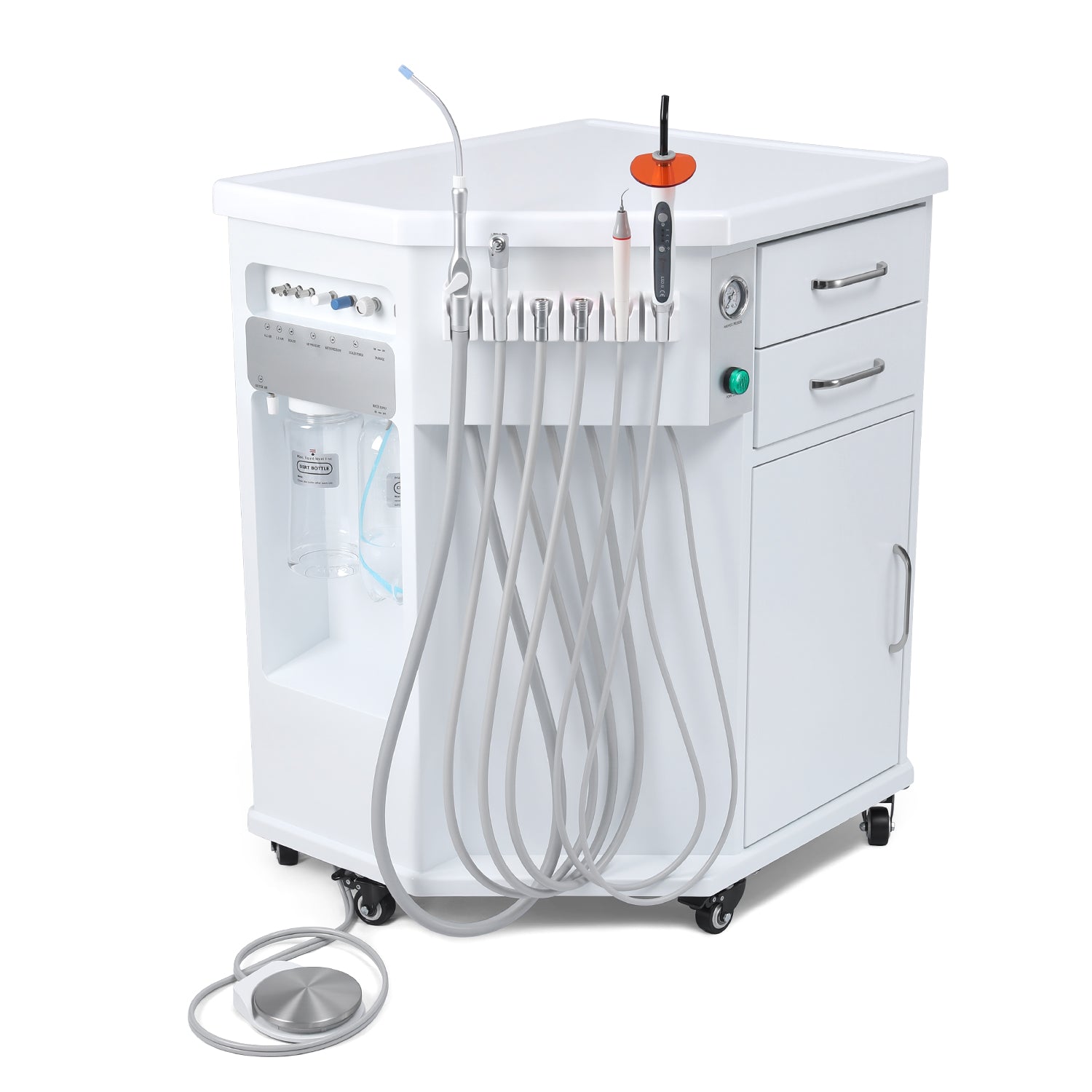 Portable Dental Side Delivery Unit Cabinet Type P212 High Suction 4 Hole w/ Woodpecker Curing Light and Scaler & Air Compressor - azdentall.com