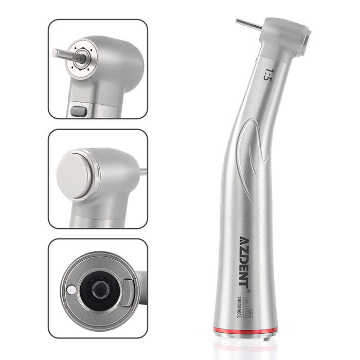 AZDENT Dental 1:5 Increasing Fiber Optic Electric Contra Angle Handpiece Stainless Steel Body Ceramic Bearing Internal Four Way Spray- azdentall.com