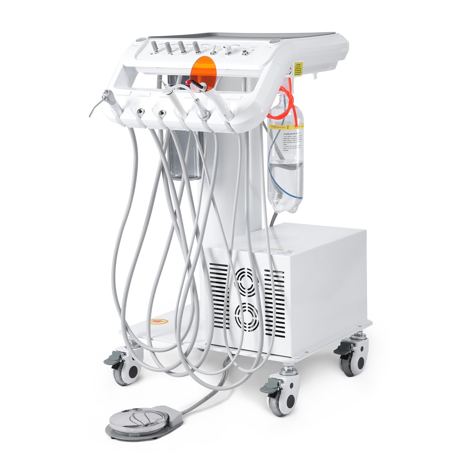 Portable Dental Mobile Cart Delivery Unit 4 Holes with Air Compressor Built-in Woodpecker Ultrasonic Scaler & Curing Light - azdentall.com