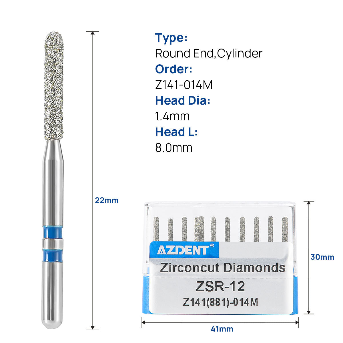 AZDENT Dental Diamond Burs FG Cutting Zirconia Ceramic Round End Cylinder for High Speed Handpiece Z141-014M 10pcs/Box - azdentall.com