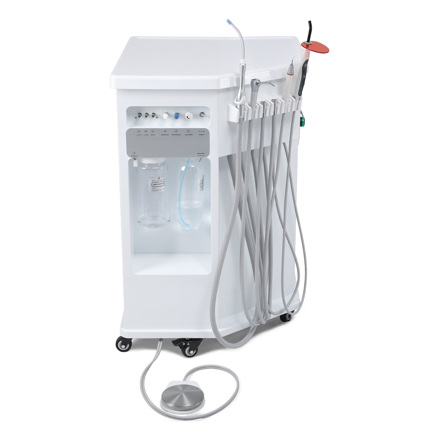 Portable Dental Side Delivery Unit Cabinet Type P212 High Suction 4 Hole w/ Woodpecker Curing Light and Scaler & Air Compressor - azdentall.com
