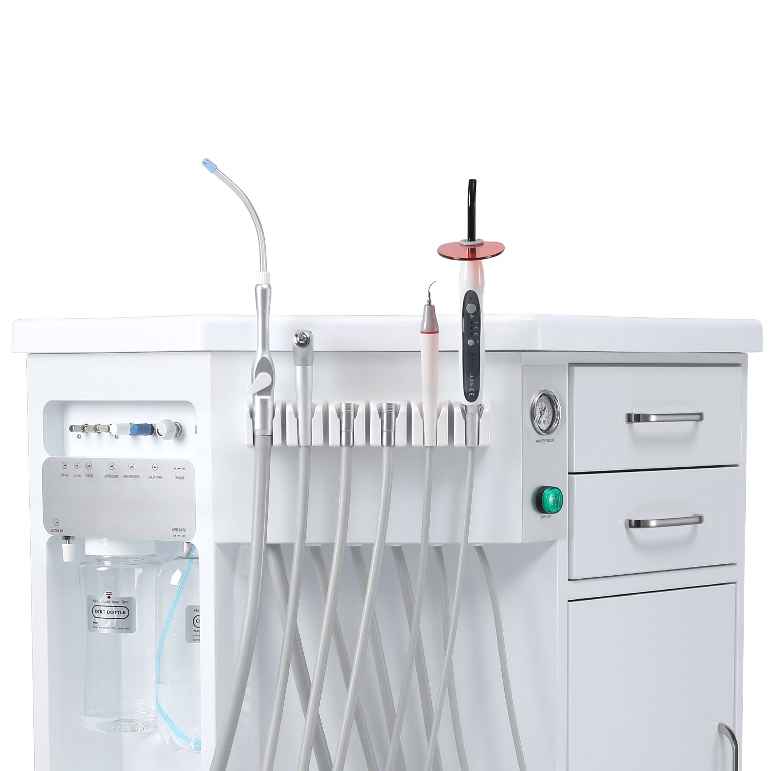 Portable Dental Side Delivery Unit Cabinet Type P212 High Suction 4 Hole w/ Woodpecker Curing Light and Scaler & Air Compressor - azdentall.com
