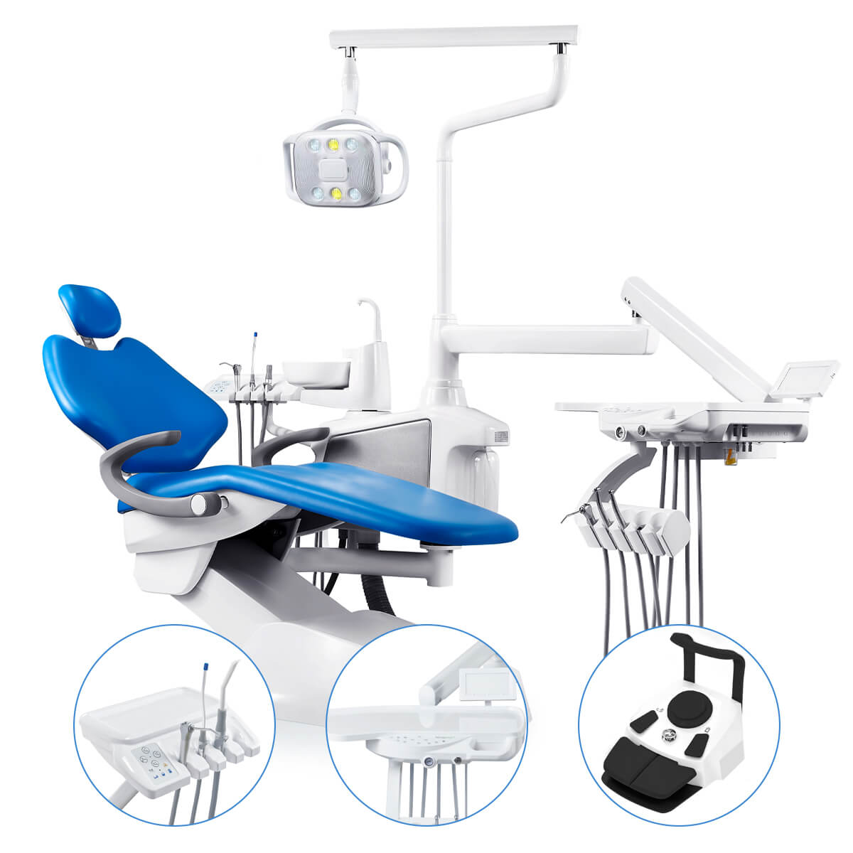 Dental Chair Unit QL2028III-2024 DC Motor Computer Controlled PU Hard Leather w/ Dentist Stool Dark Blue - azdentall.com