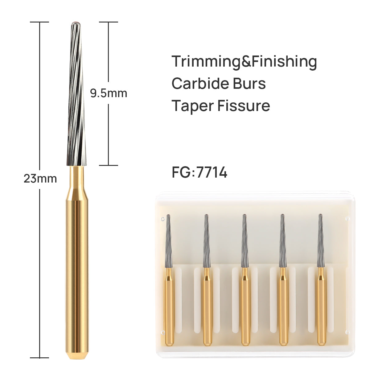 Dental FG Tungsten Carbide Burs Trimming & Finishing Taper Fissure 12 Fluted FG7714 5pcs/Box - azdentall.com