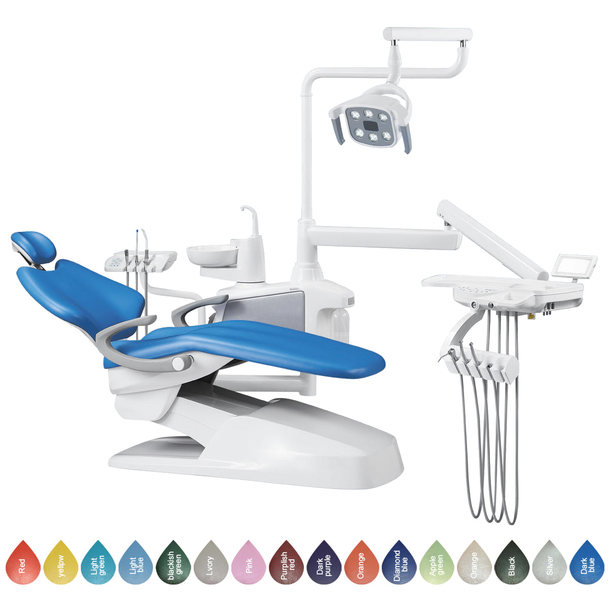 Dental Chair Unit QL2028III-2024 DC Motor Computer Controlled PU Hard Leather w/ Dentist Stool Dark Blue - azdentall.com