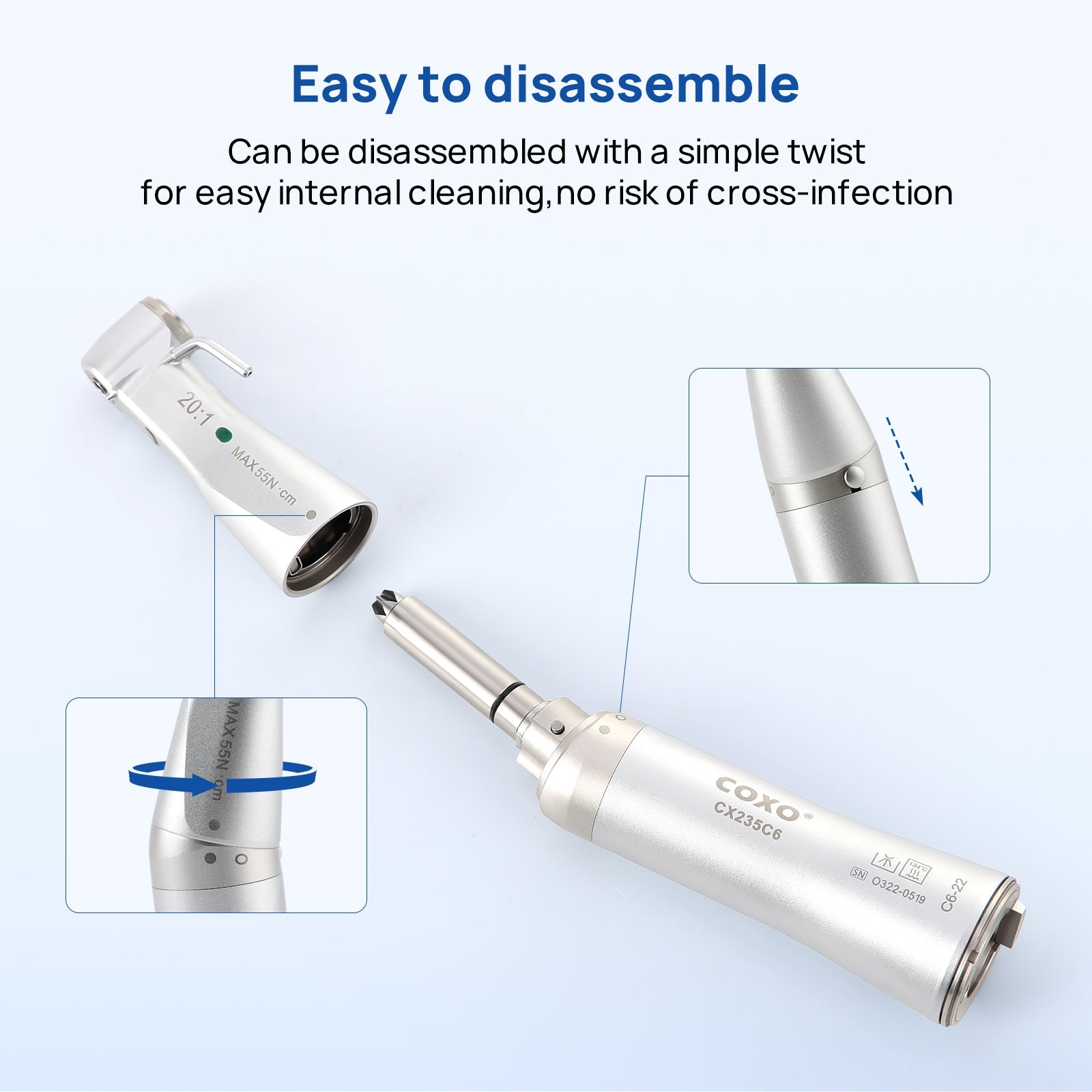COXO Dental Low Speed Handpiece 20:1 Contra Angle Inner & External Channel For Implant With Fiber Optic CX235C6-22 - azdentall.com