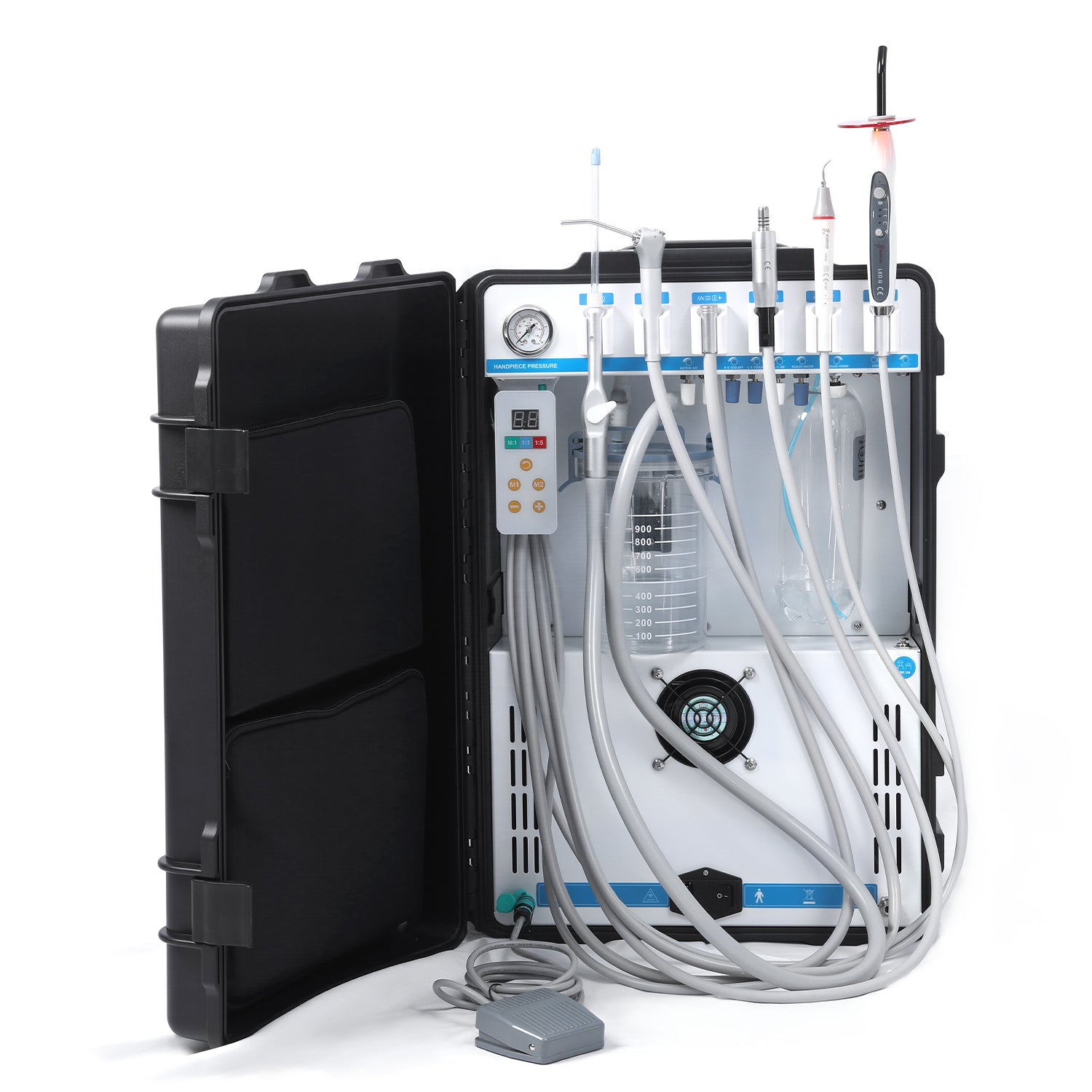 Portable Dental Delivery Unit P208 High Suction 4 Hole Built-in Electric Motor w/ Woodpecker Curing Light and Scaler & Air Compressor - azdentall.com