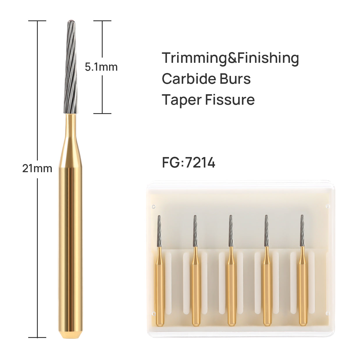 Dental FG Tungsten Carbide Burs Trimming & Finishing Taper Fissure 12 Fluted FG7214 5pcs/Box - azdentall.com