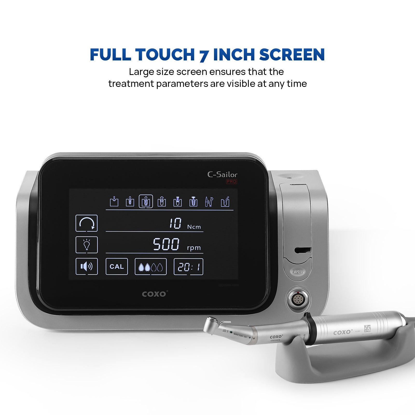 COXO Dental Surgical Brushless Implant Motor 7 Touch Screen With 20:1 Fiber Optic Contra Angle Full-function Pedal Controller #C-SAILOR PRO - azdentall.com