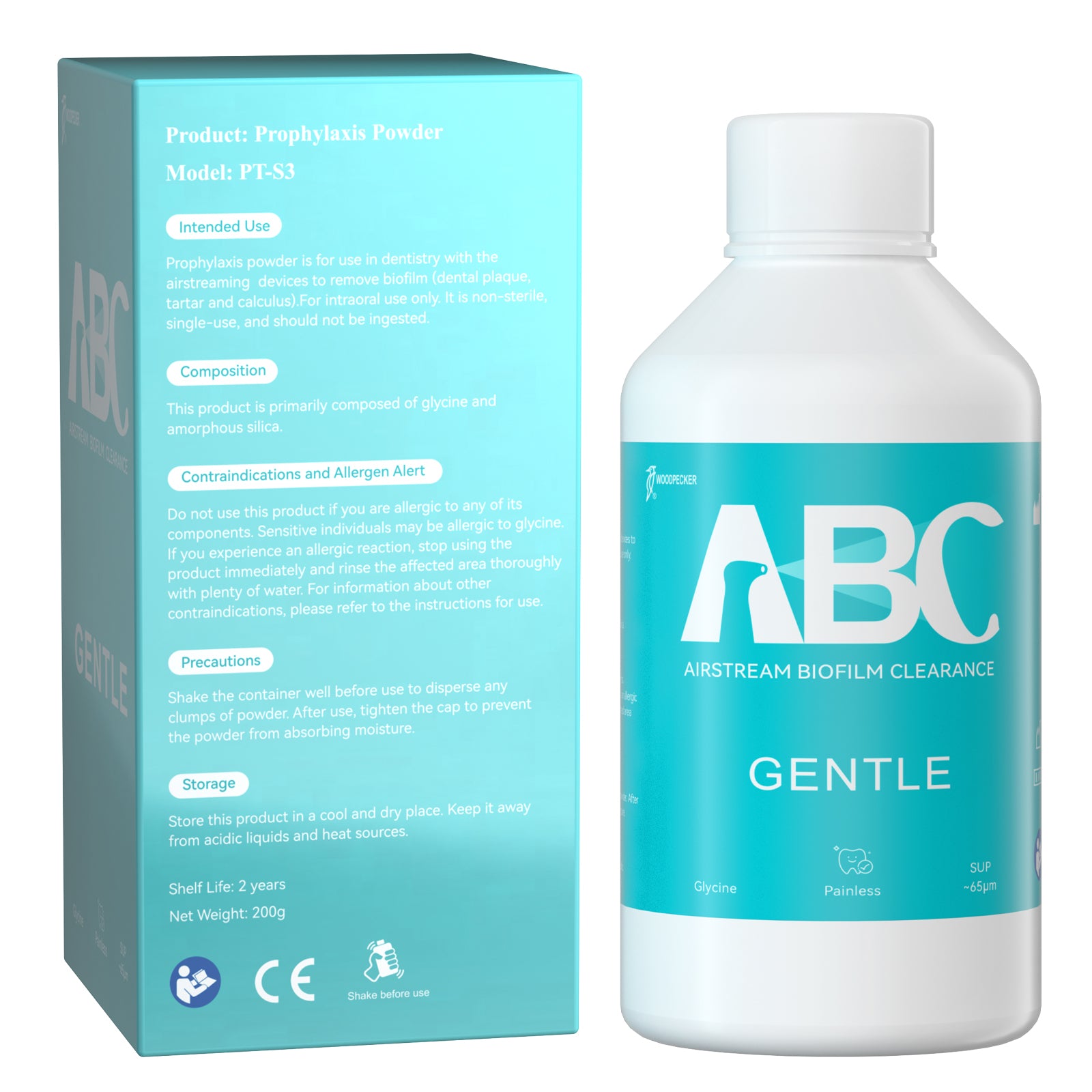 Woodpecker Prophy Air Polisher Prophylaxis Powder 65um Glycine for Supragingival Scaling #GENTLE 4 Bottle/Unit - azdentall.com