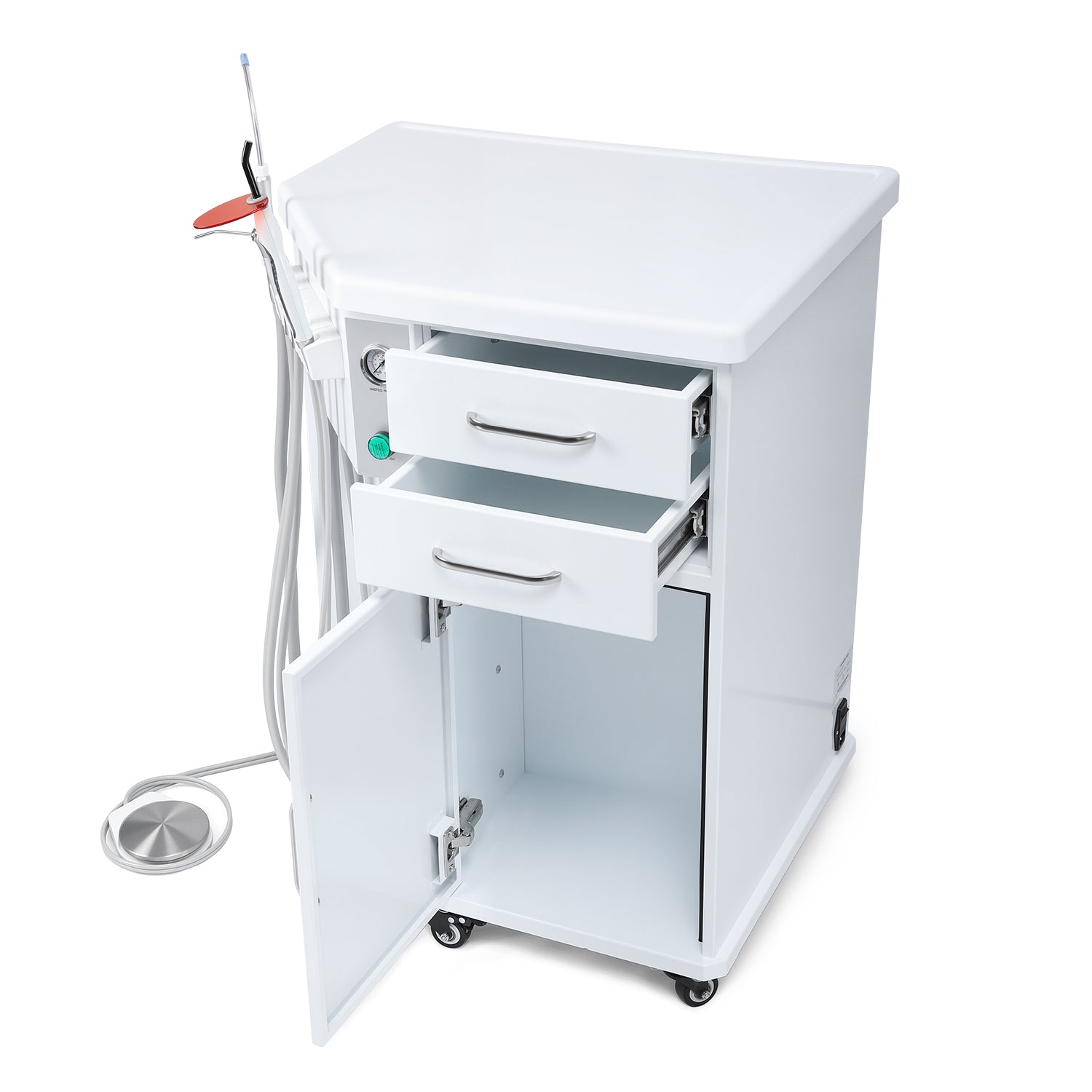 Portable Dental Side Delivery Unit Cabinet Type P212 High Suction 4 Hole w/ Woodpecker Curing Light and Scaler & Air Compressor - azdentall.com