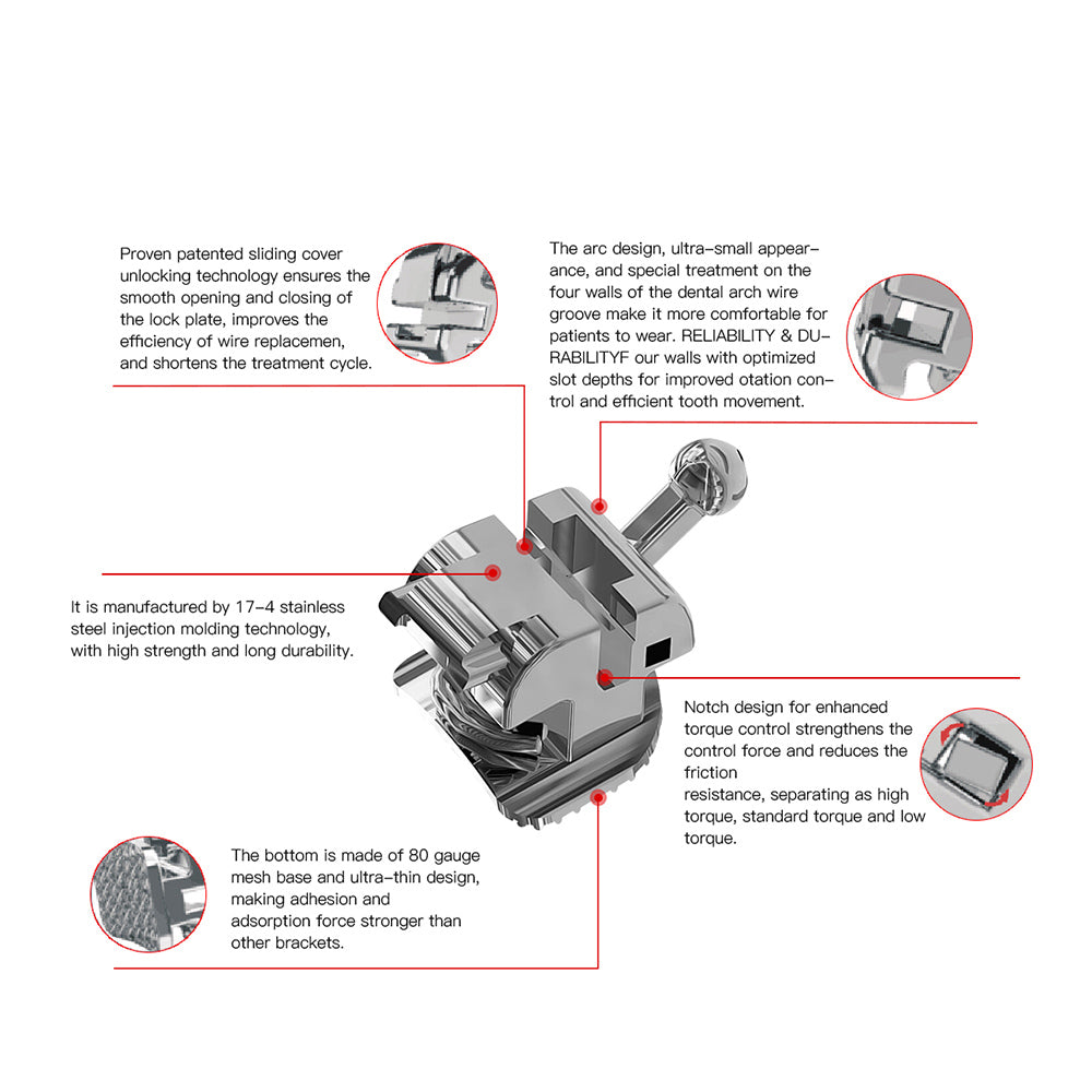 AZDENT Metal Self-Ligating Brackets Full Sizes Movable Hook Auxiliary Hole With Buccal Tube 28pcs/Box - azdentall.com