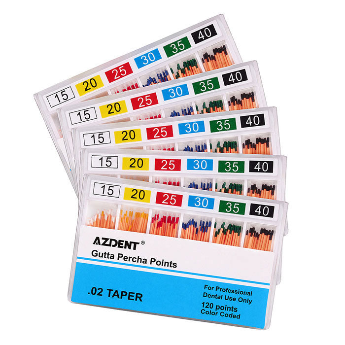 5 Boxes AZDENT Gutta Percha Points Assorted #15-40 Taper Size 0.02 Color Coded 120/Box - azdentall.com