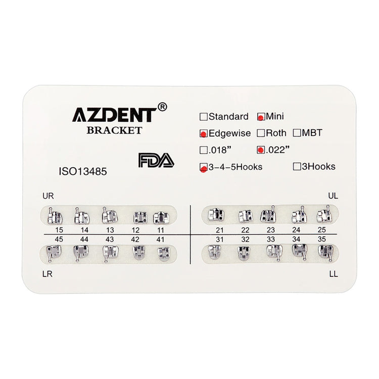 AZDENT Dental Metal Brackets Mini Edgewise Slot .022 Hooks on 345 20pcs/Pack - azdentall.com