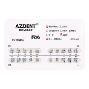 AZDENT Dental Metal Brackets Standard MBT Slot .022 Hooks on 345 20pcs/Pack - azdentall.com
