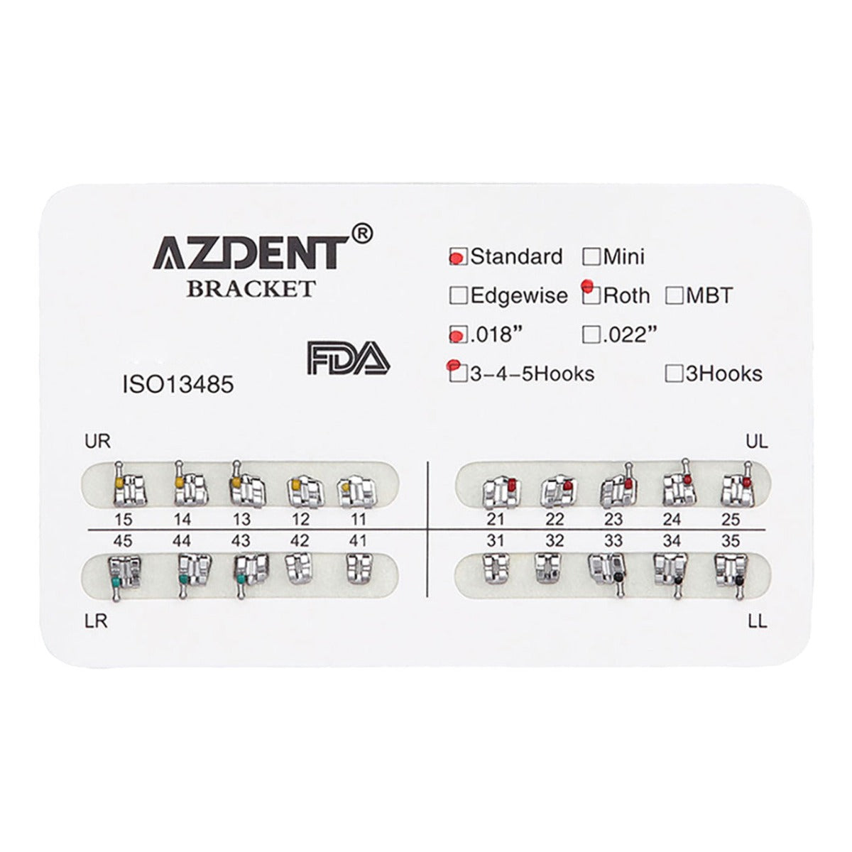 AZDENT Dental Metal Brackets Standard Roth Slot .018 Hooks on 345 20pcs/Pk - azdentall.com