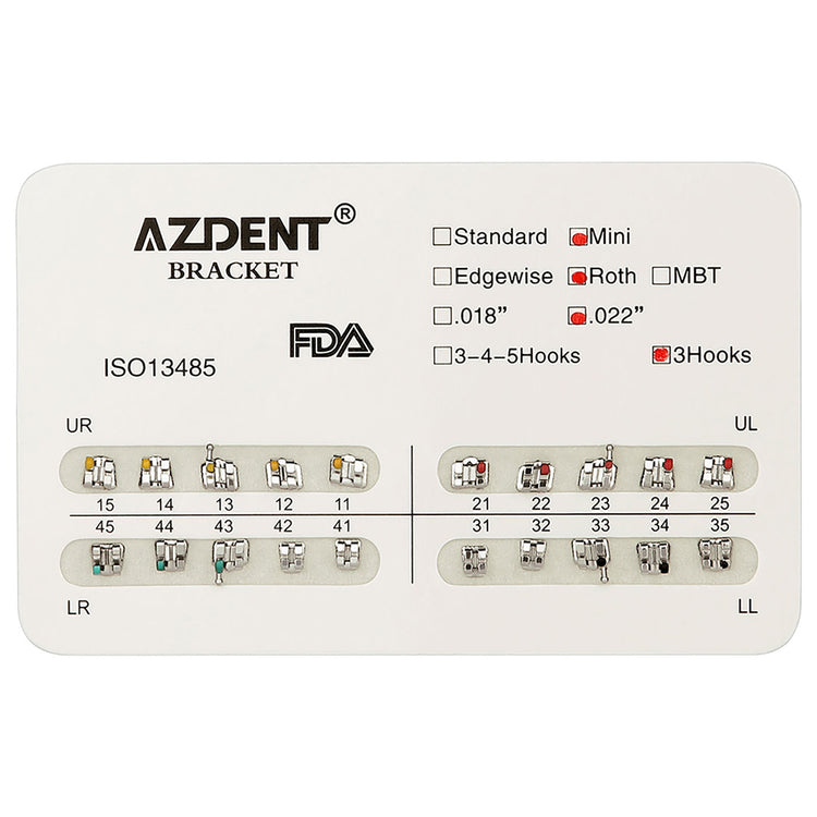 AZDENT Dental Metal Brackets Mini Roth Slot .022 3Hooks 20pcs/Pack - azdentall.com