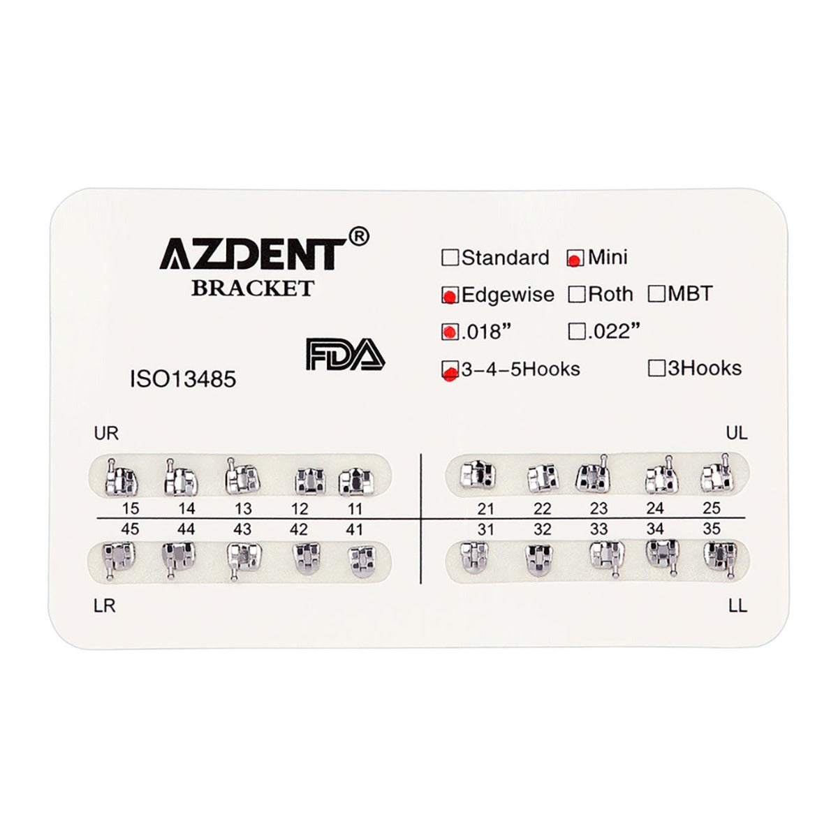 AZDENT Dental Metal Brackets Mini Edgewise Slot .018 Hooks on 345 20pcs/Pack - azdentall.com