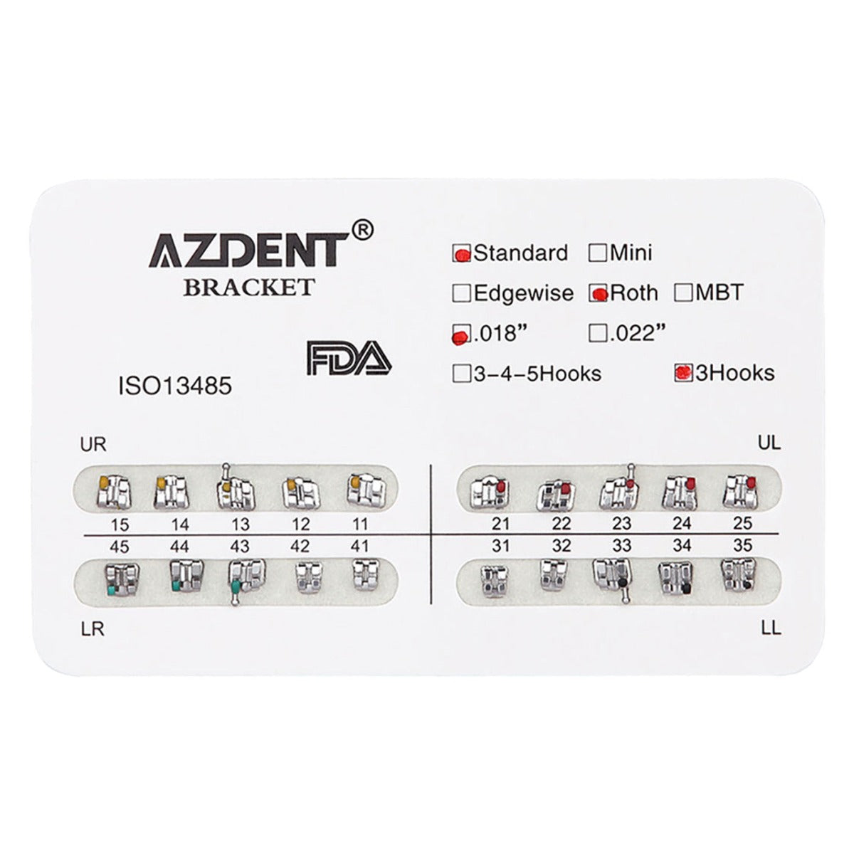 AZDENT Dental Metal Brackets Standard Roth Slot .018 Hooks on 3 20pcs/Pk - azdentall.com