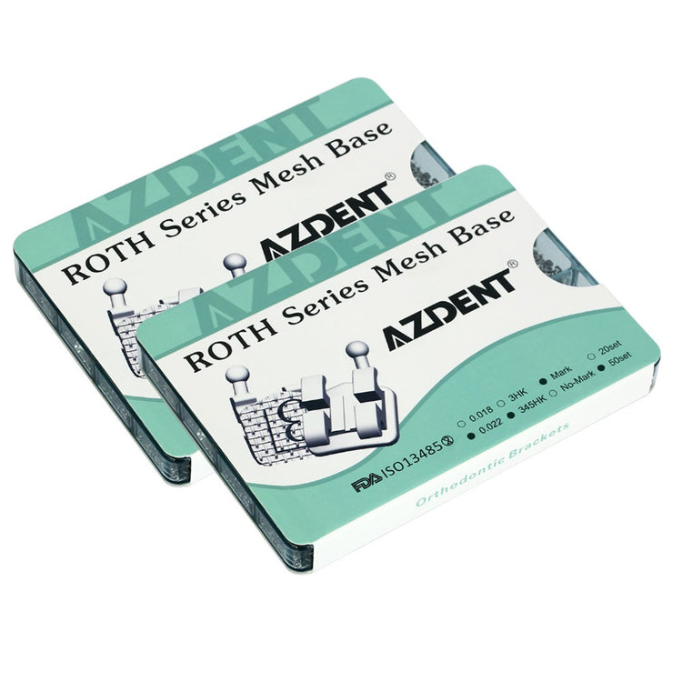 2 Boxes AZDENT Dental Orthodontic Metal Brackets Braces Mini Roth 0.022 Hooks on 345 Mesh Base 50Sets/Box (1000pcs) - azdentall.com