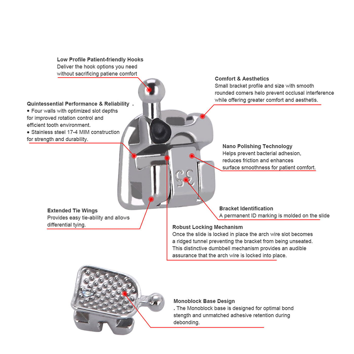 AZDENT Dental Self Ligating Mini Bracket MBT Hooks on 345 With