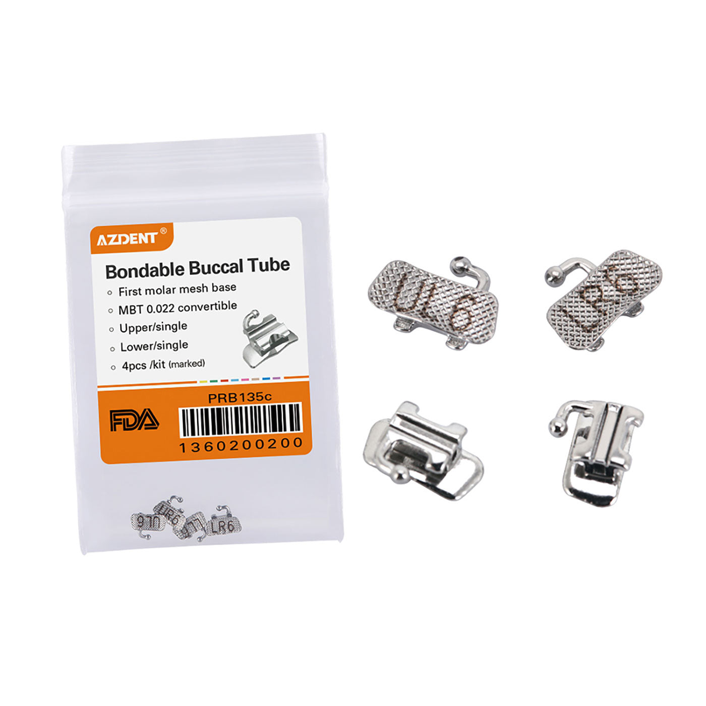 AZDENT Dental Orthodontic Buccal Tube 1st Molar Bondable Convertible U1L1 MBT 0.022 4pcs/Bag - azdentall.com