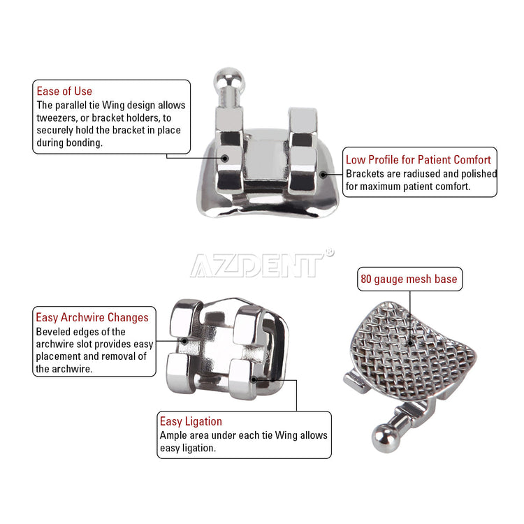 AZDENT Dental Metal Brackets Standard Edgewise Slot .022 Hooks on 345 20pcs/Pack