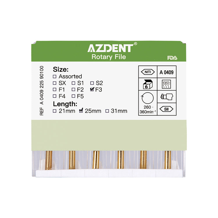 AZDENT Dental NITI Rotary Engine Files Heat Activated 25mm F3 6pcs/Pk - azdentall.com